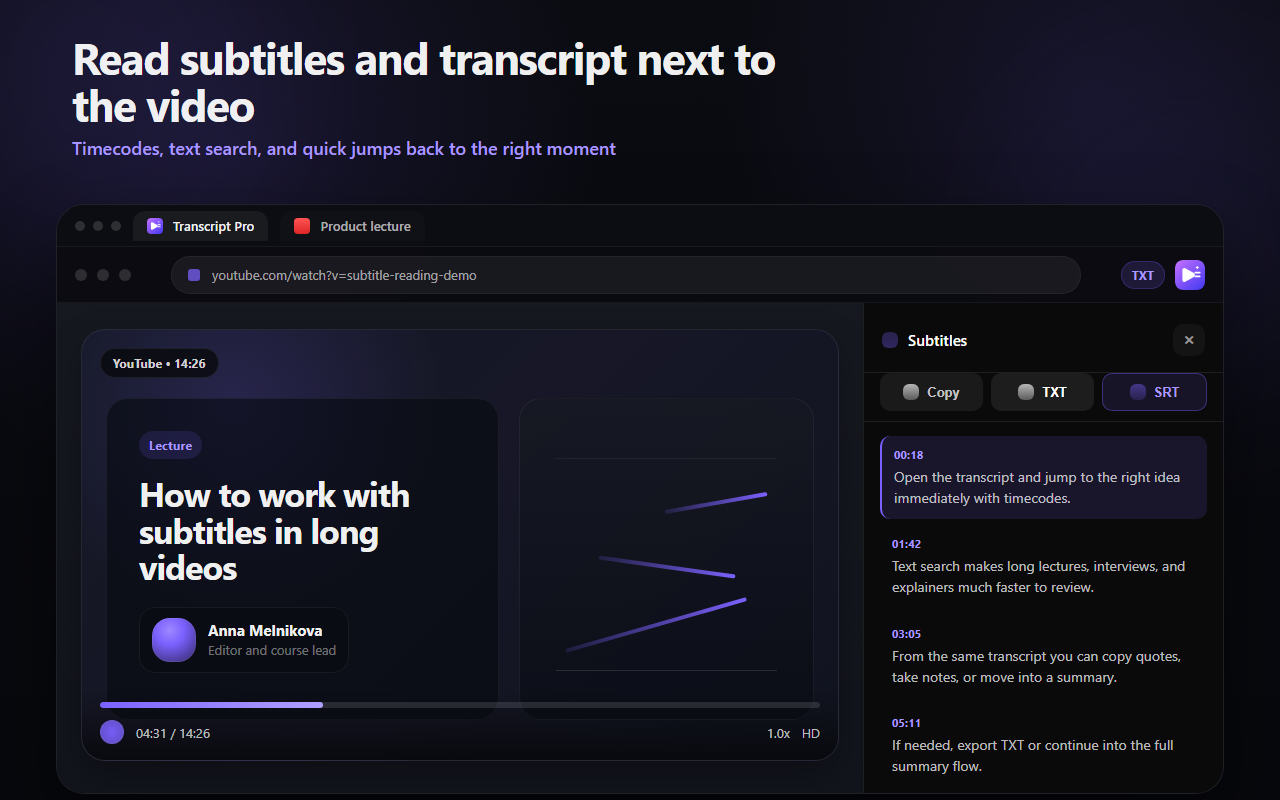 Transcript Pro shows video text next to the player