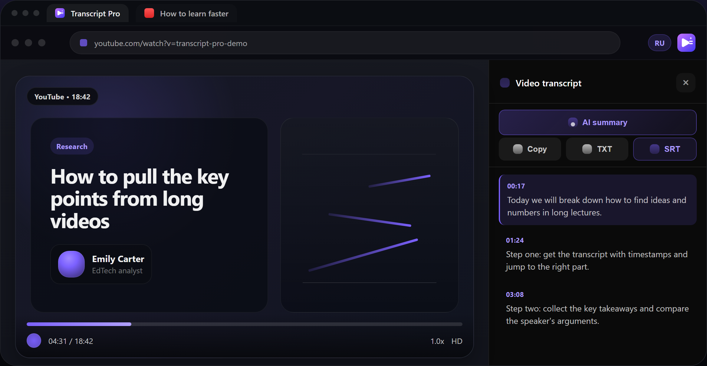 Transcript Pro next to VK Video player
