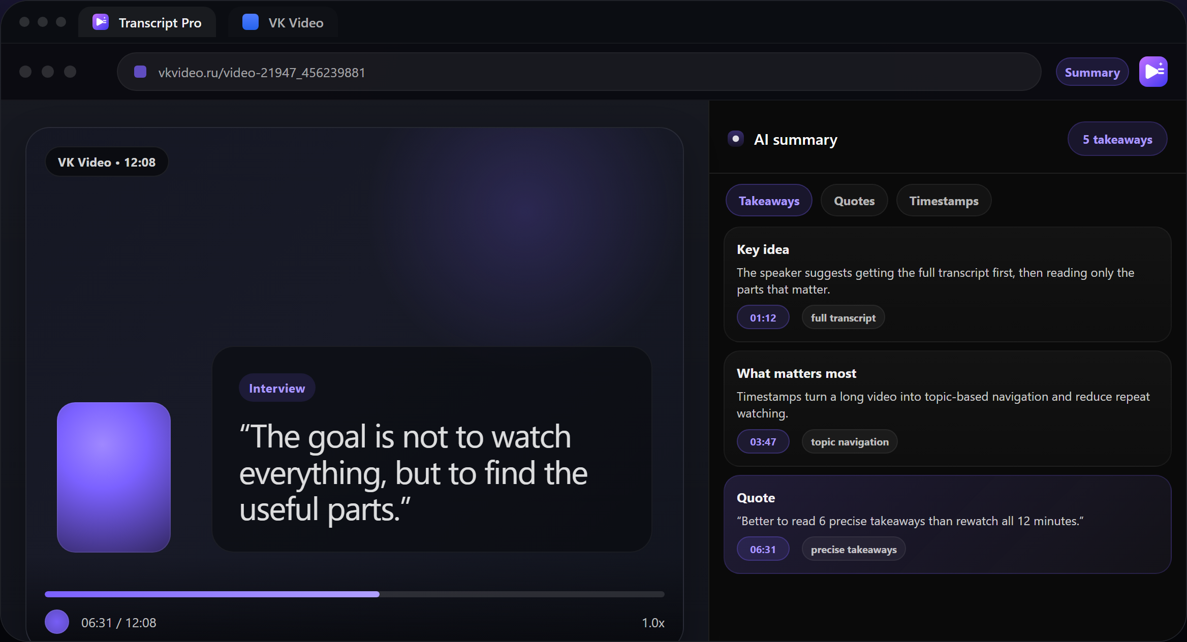 Transcript Pro SRT export and quick recap
