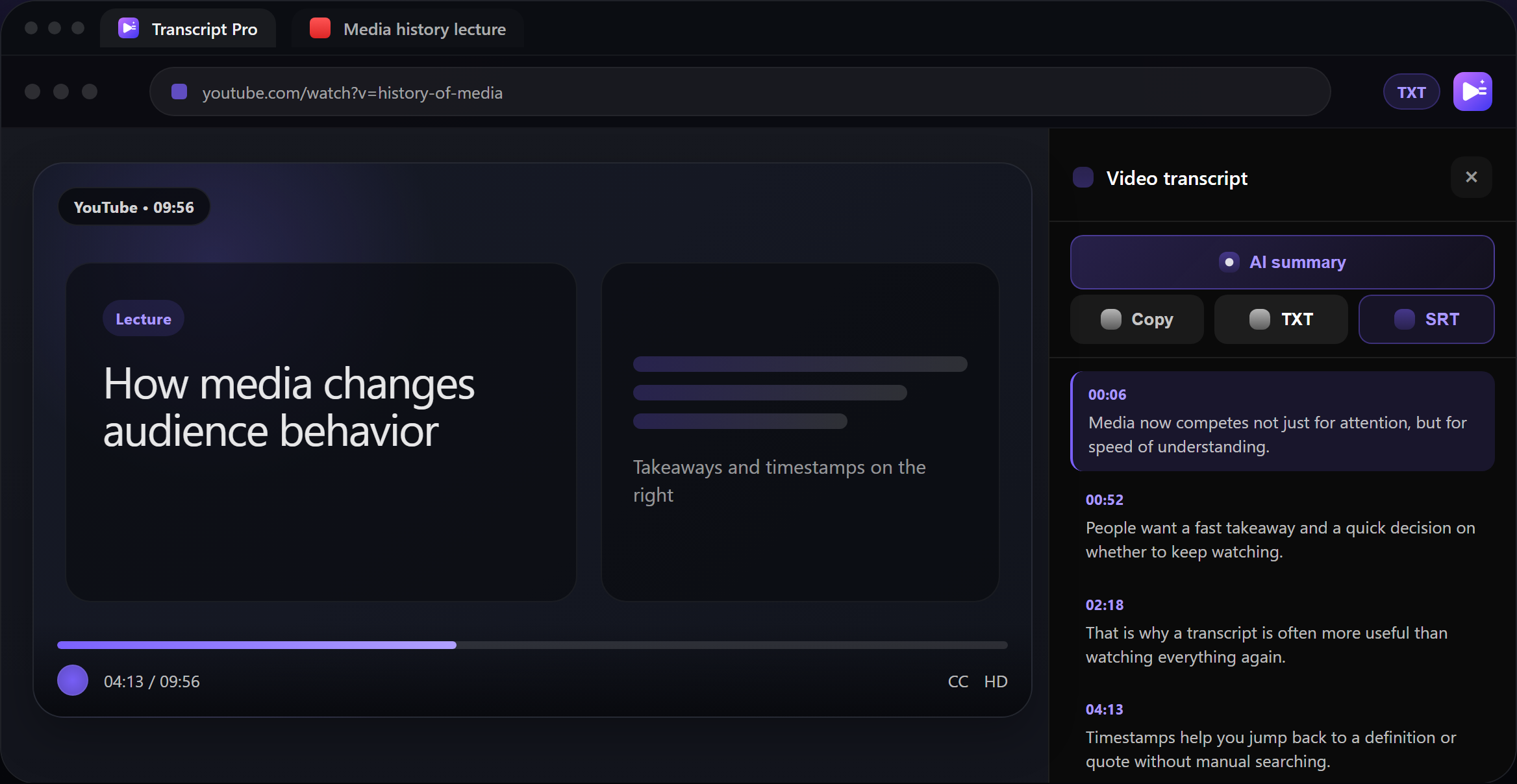 Transcript Pro shows VK Video subtitles with TXT and SRT export