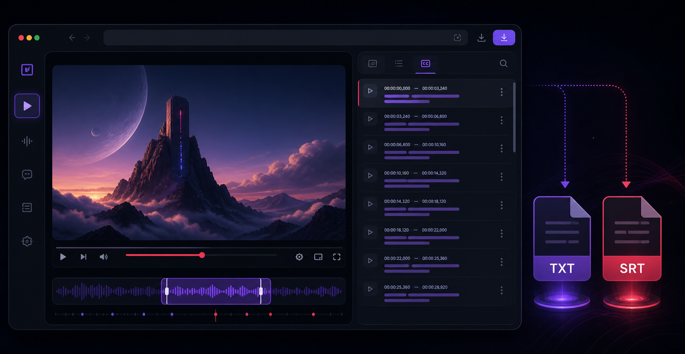 Субтитры RuTube с таймкодами и экспортом в TXT и SRT