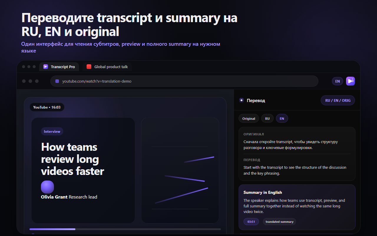 Transcript Pro показывает перевод текстаа видео и пересказ